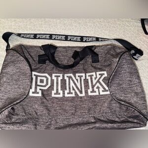 PINK Victoria's Secret Heather Gray Duffel with Black Strap and White Logo